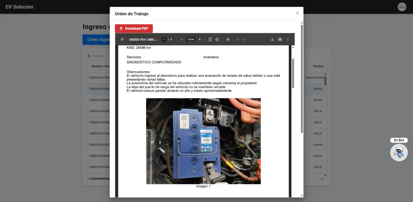 Orden de trabajo con PDF generado