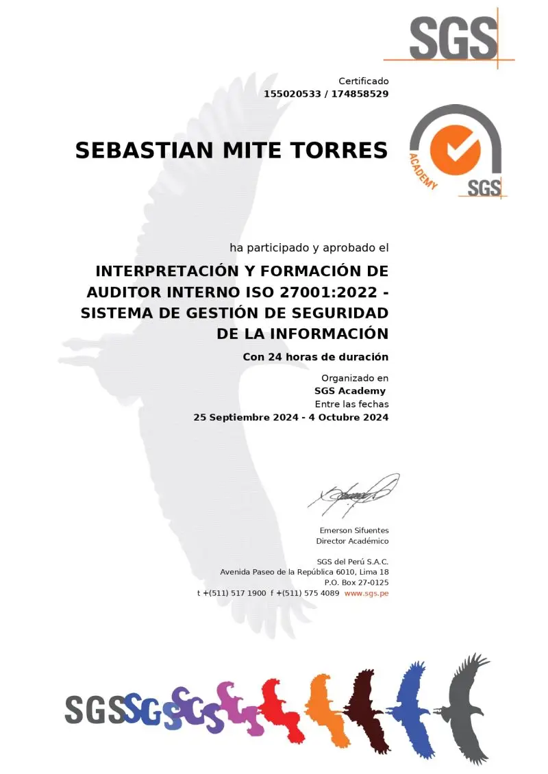 Certificado SGS — Auditor Interno ISO 27001:2022 de Sebastián Mite Torres